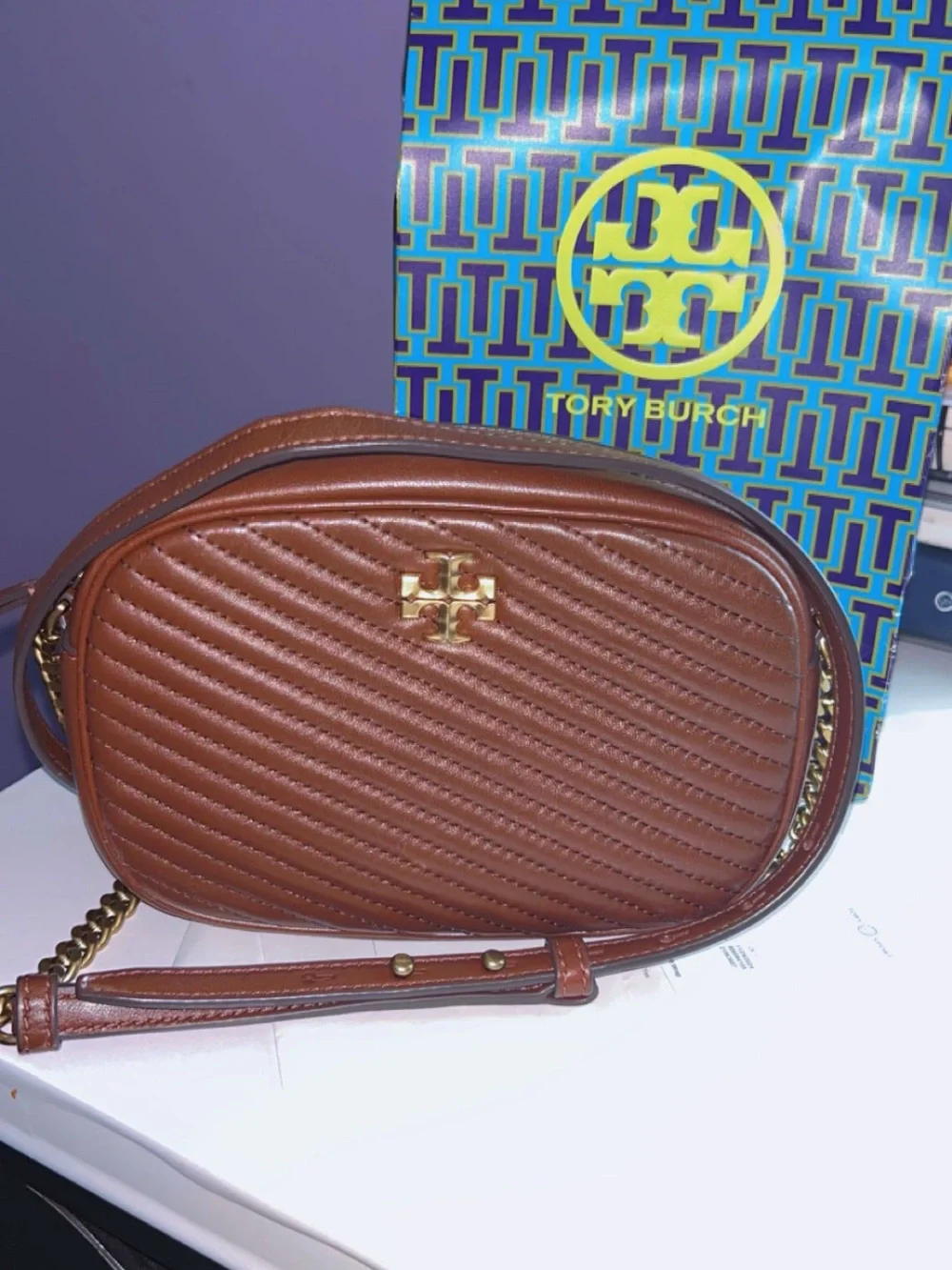 Tory Burch Brown Quilted Leather Mini Crossbody with Gold Logo